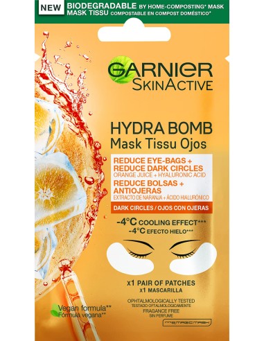 GARNIER Skin Active Mascarilla de Tela Contorno de Ojos Anti-Fatiga y Anti-Ojeras con Ácido Hialurónico y Extracto de Naranja